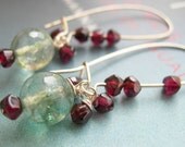 Green Quartz and Ruby Garnet Dangle Earrings