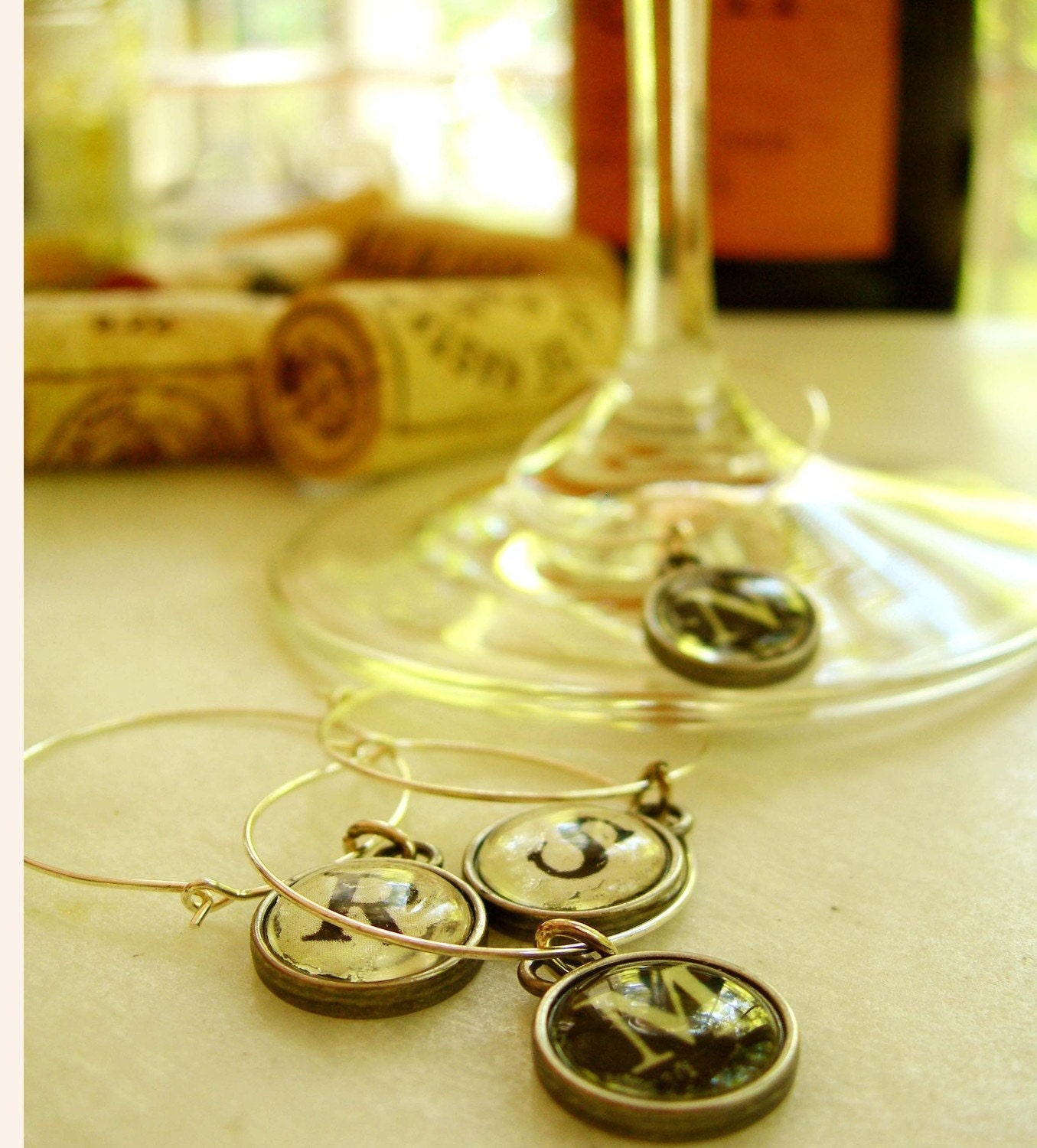 Antiqued Typewriter Alphabet wine charms, set of 6. New Item