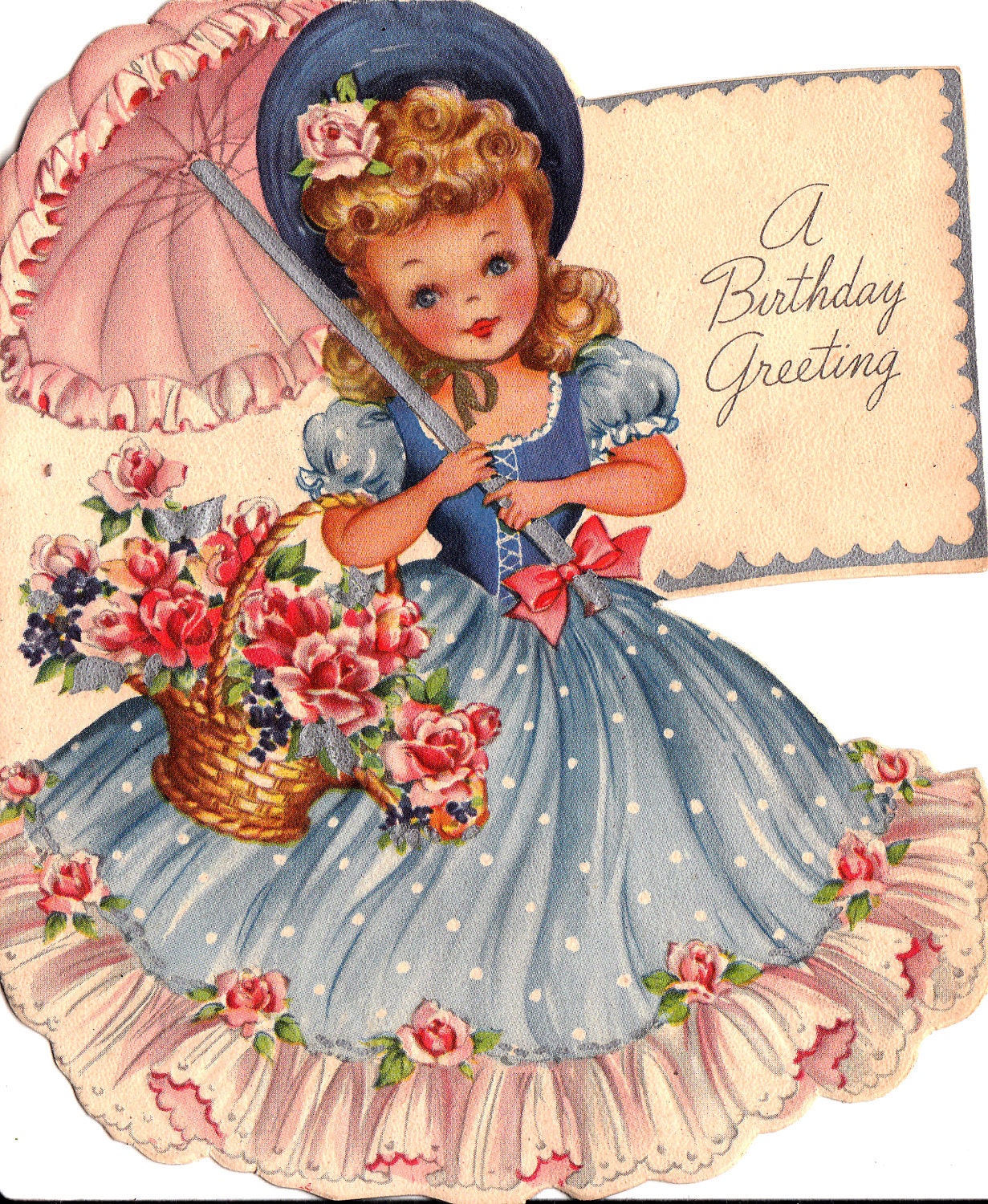 Vintage 1940s A Birthday Message Girl With Parasol Greetings Card (B72 ...