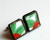 Broken Plate Cuff Links - Red and Green Troplical Flower- Recycled China