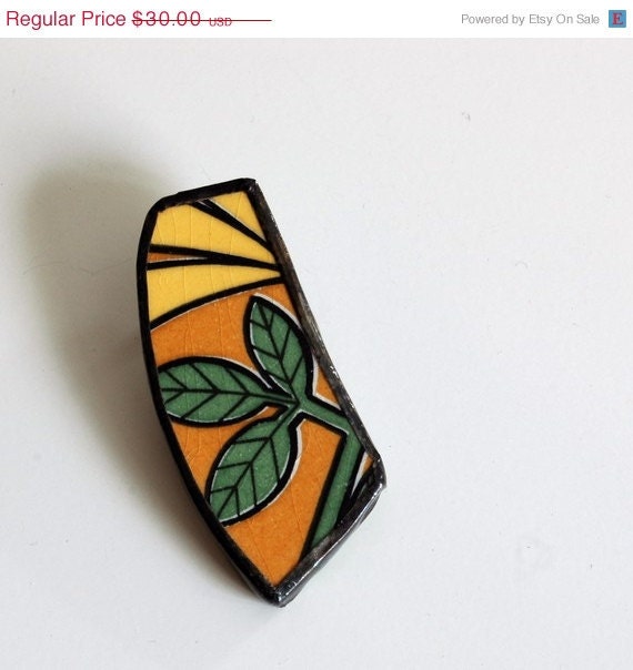 ON SALE Broken Plate Brooch - Yellow Green and Orange 70s Pattern- Recycled China