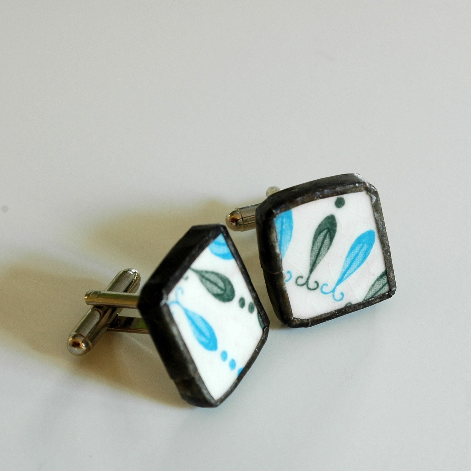 Broken Plate Cuff Links - Blue and Green Mod - Recycled China - TheBrokenPlate