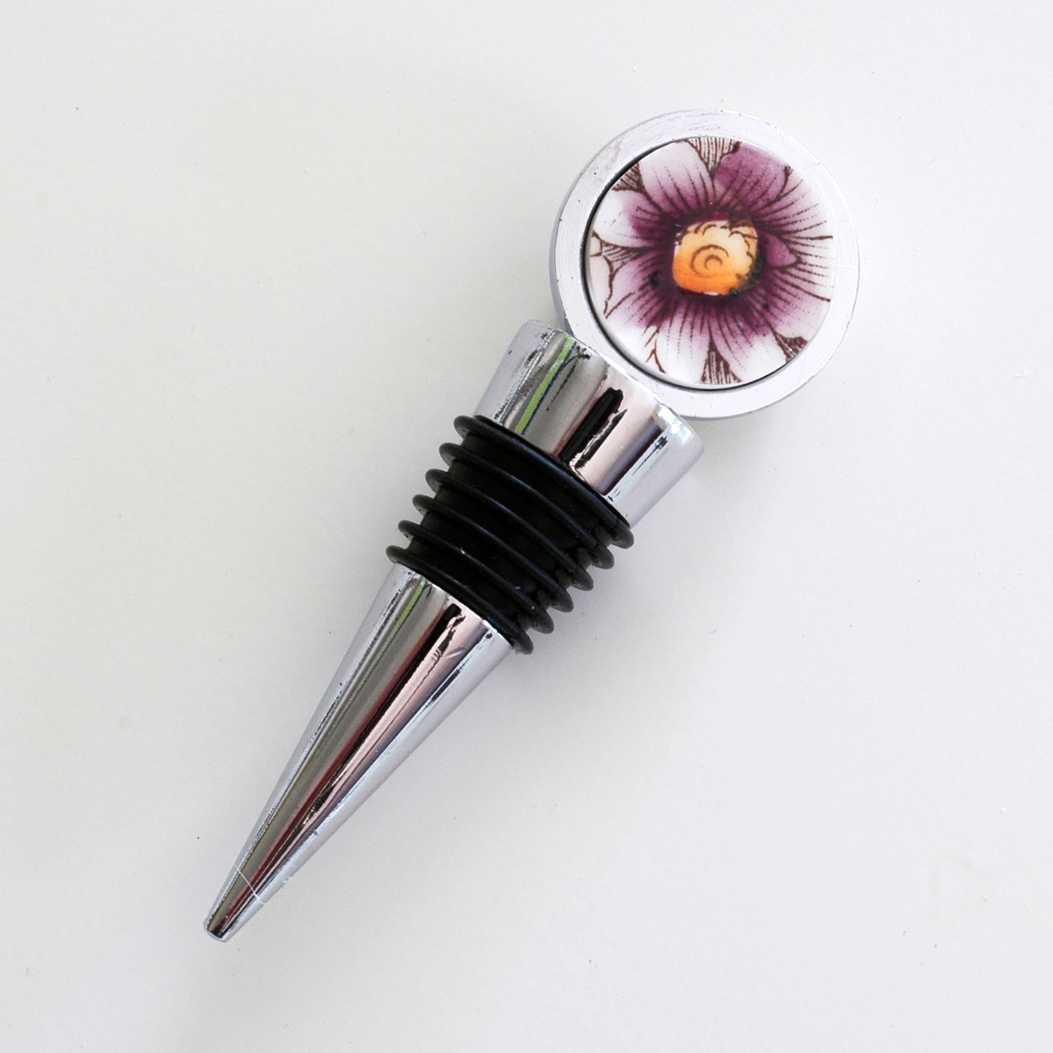Recycled China Wine Bottle Stopper - Purple and Yellow Flower