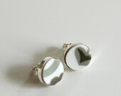 Simple Circle Sterling Silver Recycled Plate Stud Earring - Olive Green and White