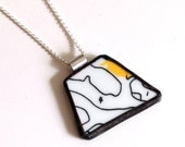 Broken Plate Pendant on Chain - Black Yellow and White no4 - Recycled China