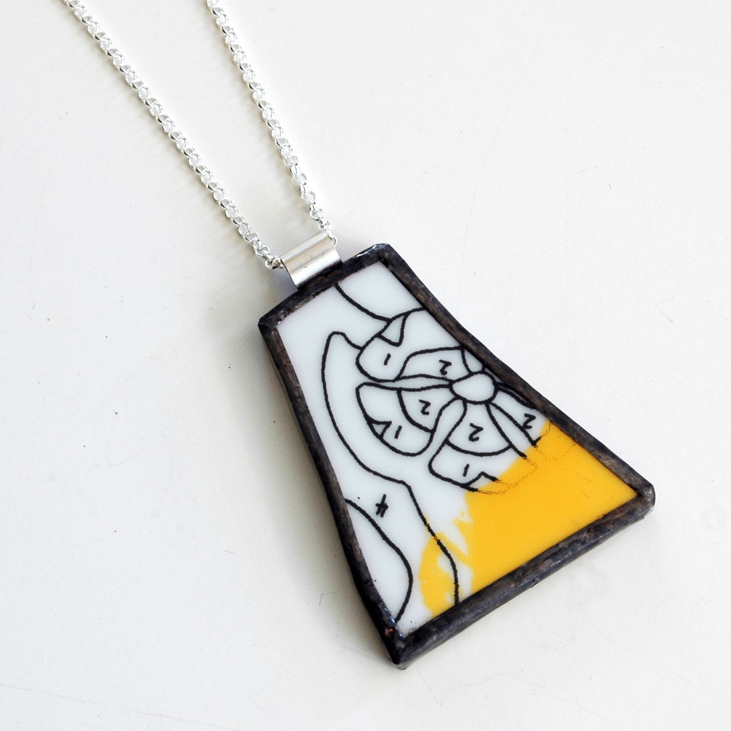 Broken Plate Pendant on Chain - Black white and yellow paint by numbers - Recycled China