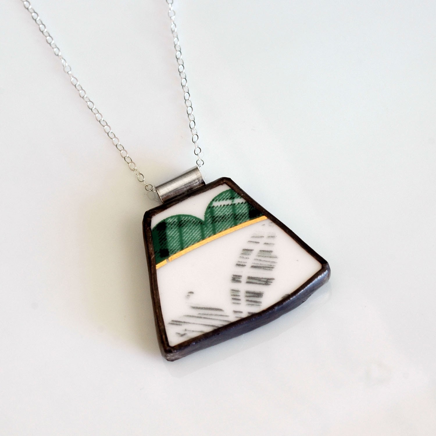 Broken Plate Pendant on Chain - Green Gold and White Modern - Recycled China