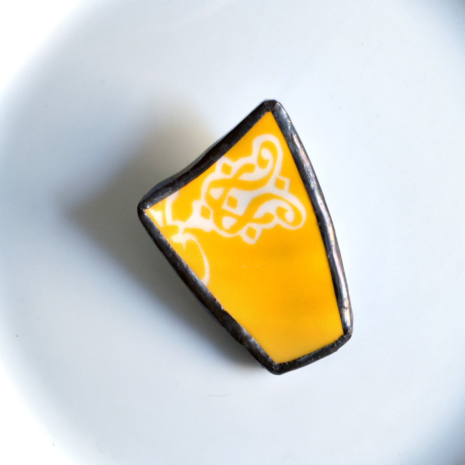 Broken Plate Brooch - Yellow and White - Recycled China