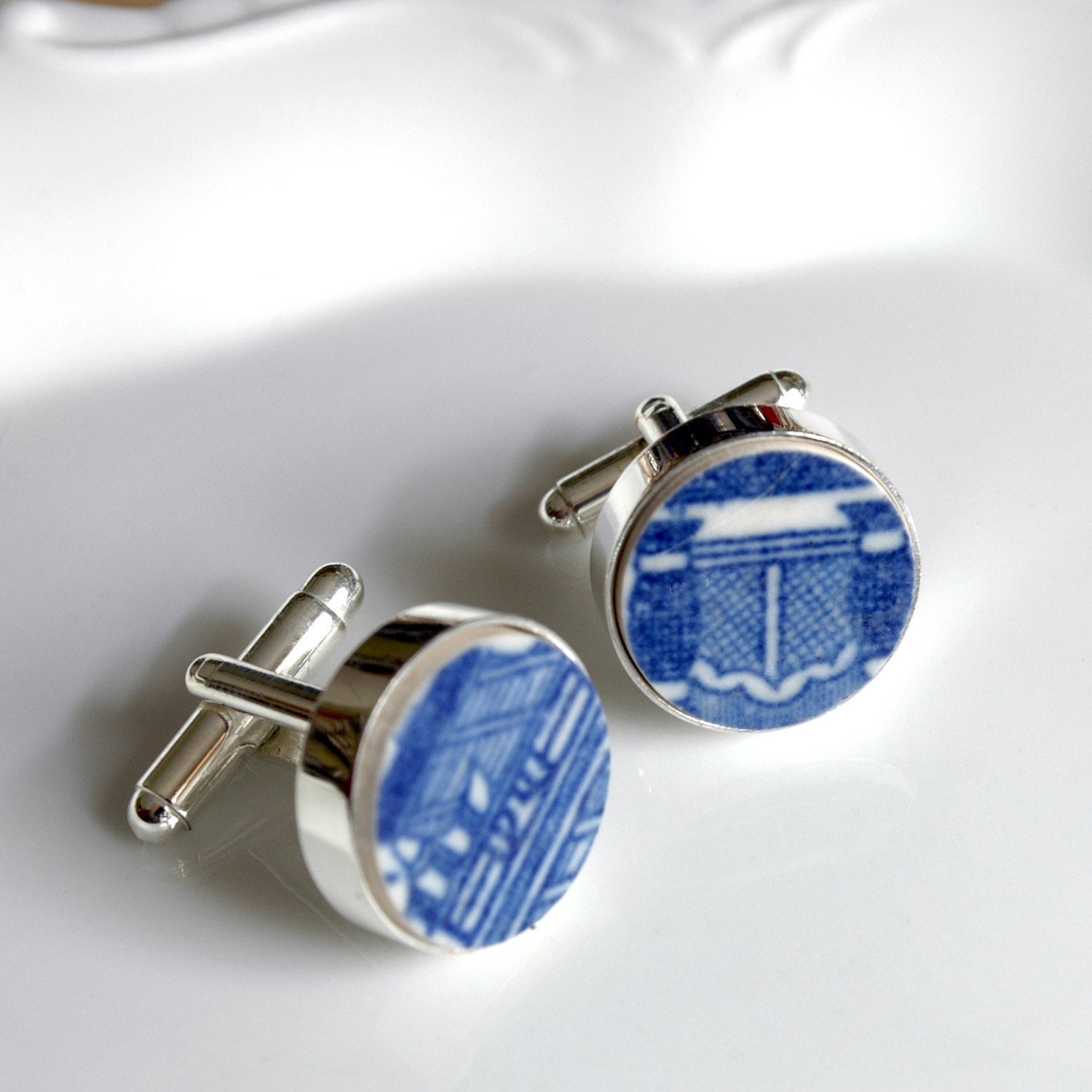 Recycled Plate Silver Plated Cuff Links - Blue and White - Recycled China