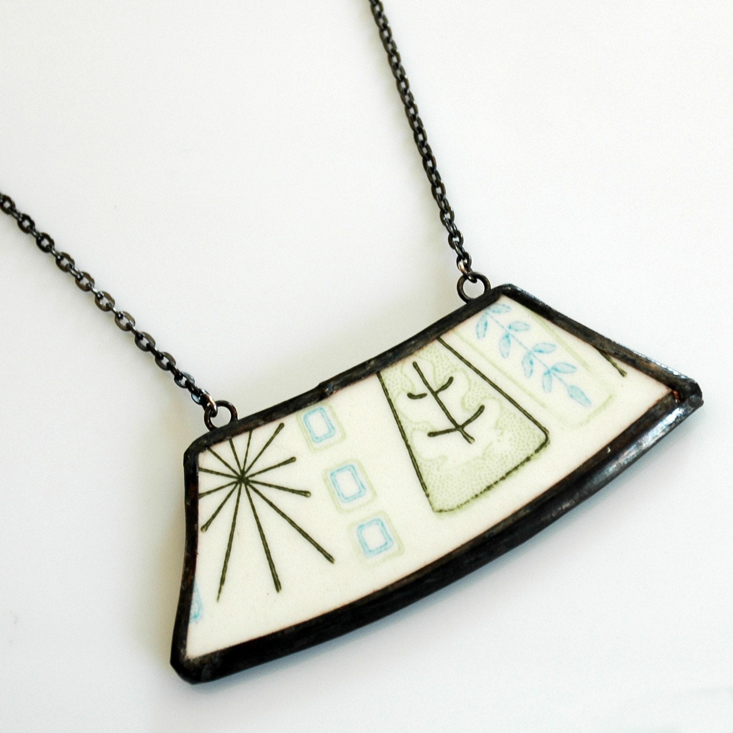 Wide Broken Plate Necklace - Green and Blue Mod Atomic Starburst - Recycled China