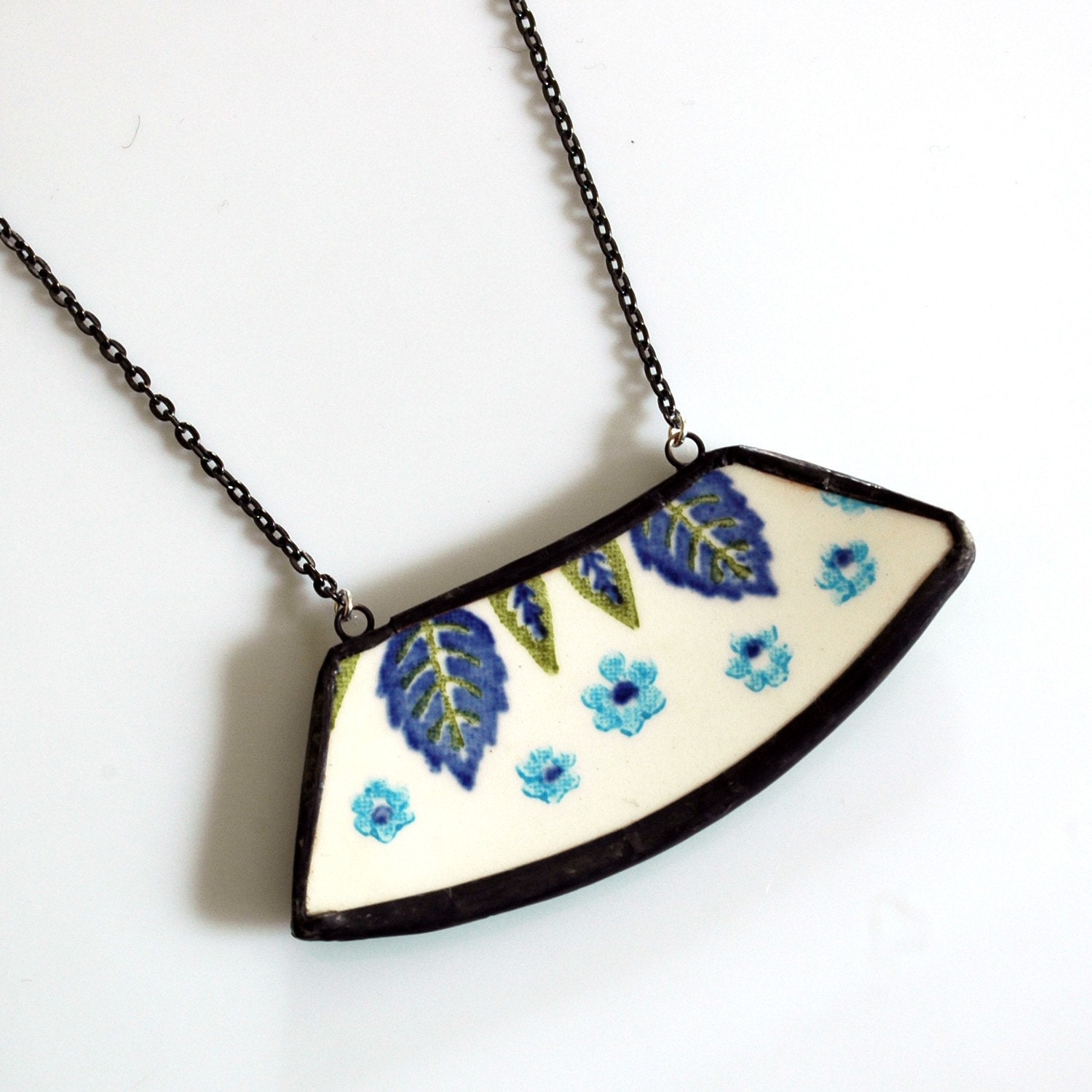 Wide Broken Plate Necklace - Blue and Green Swiss Chalet - Recycled China
