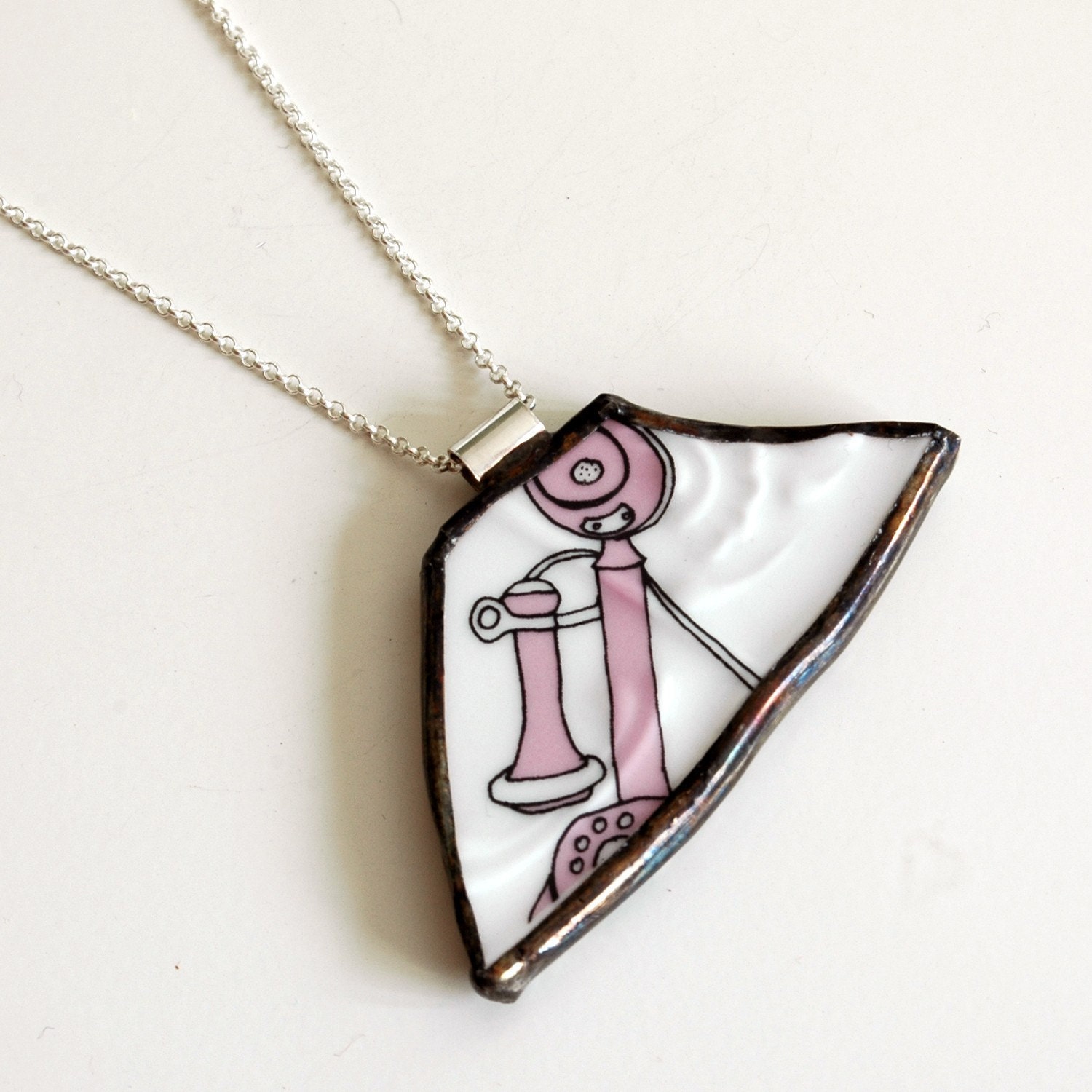 Broken Plate Pendant on Chain - Pink Vintage Telephone - Recycled China