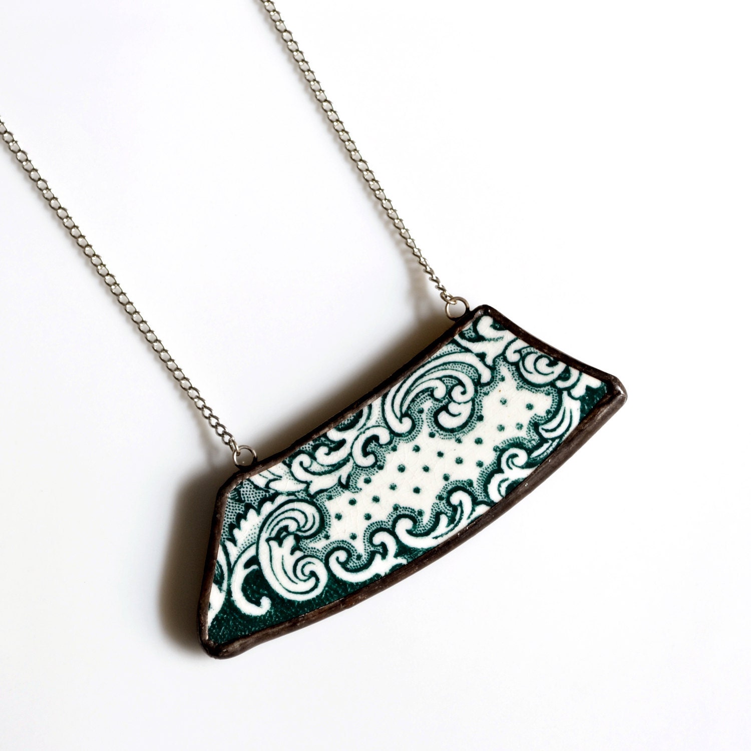 Wide Broken Plate Necklace - Vintage Green and White - Recycled China