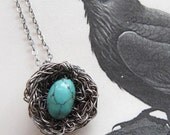 bird nest necklace, turquoise, silver raven's nest
