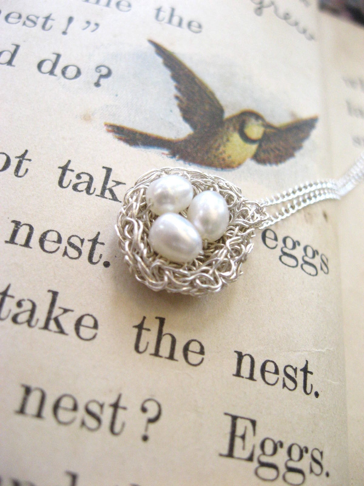 tiny bird nest necklace, bright silver, 3 pearl eggs