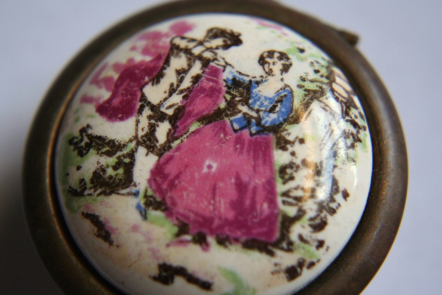 Vintage Brass Round Porcelain Pill Box Japan