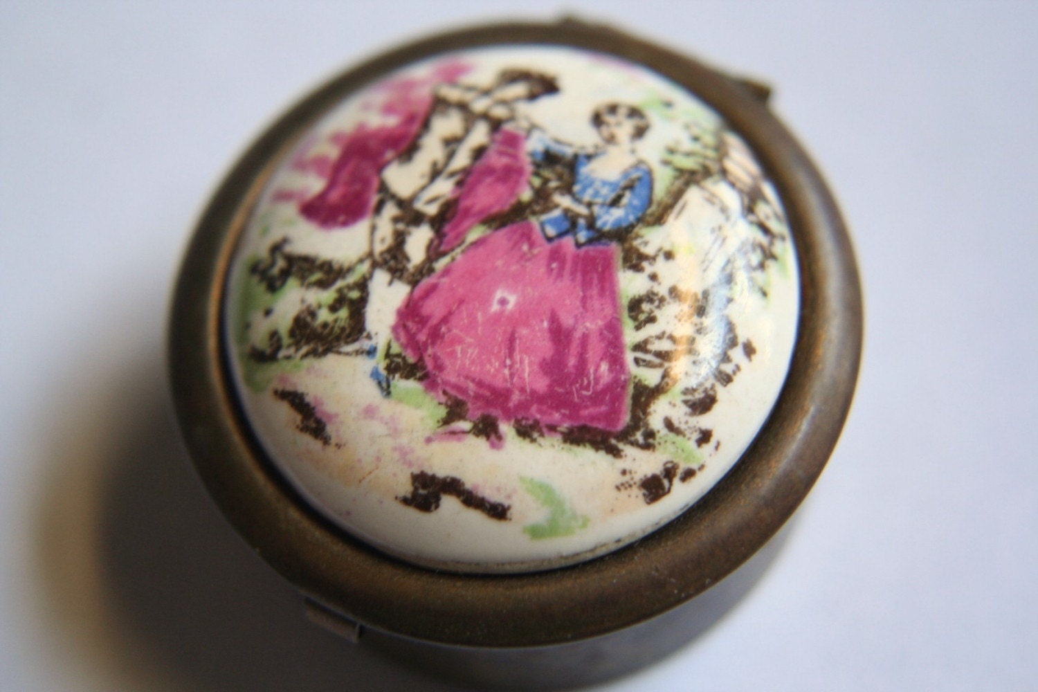 Vintage Brass Round Porcelain Pill Box Japan