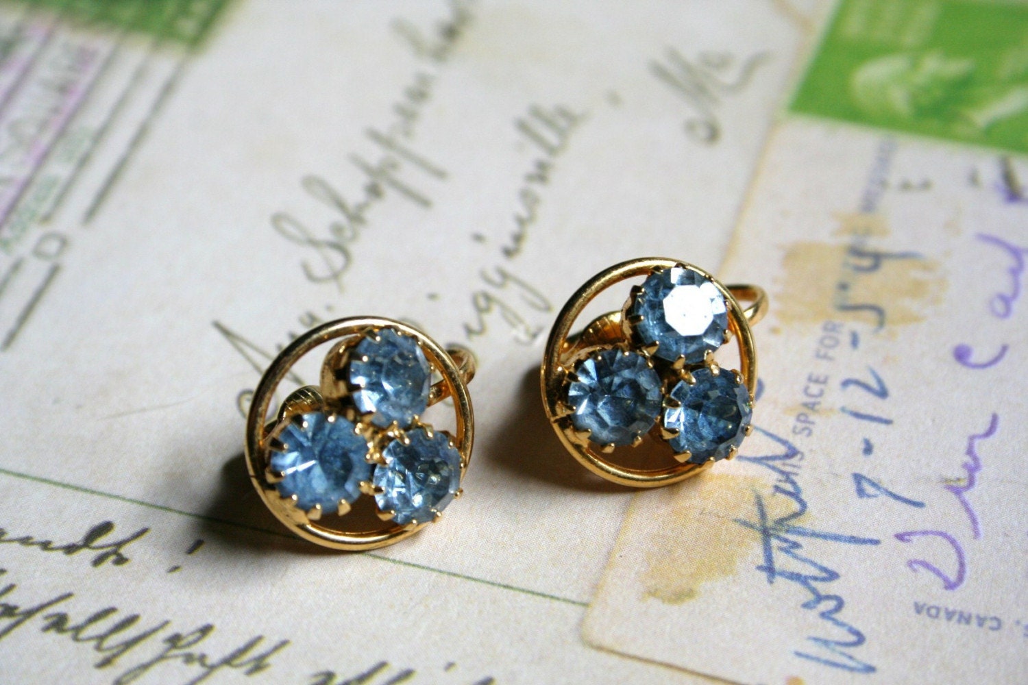 Vintage Light Blue Rhinestone Earrings Clip On