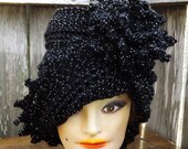 Crochet Hat Women Hat - LAUREN Cloche Hat in Black Sparkle with Flower - Womens Crochet Cloche Hat - Crochet Womens Hat - Gothic Hat