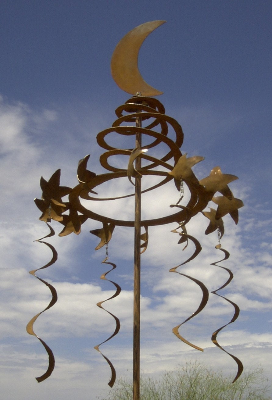 Wind Sculpture Kinetic Rusted Metal, Petite Celestial Spiral Moon Topper with Spinning Coils