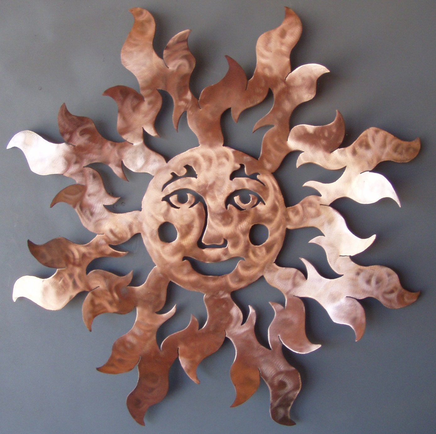Metal Sun Copper Finish Flames Happy Face Wall Sculpture Art 36 inch