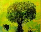 Original Encaustic- Tree and Bird in Green