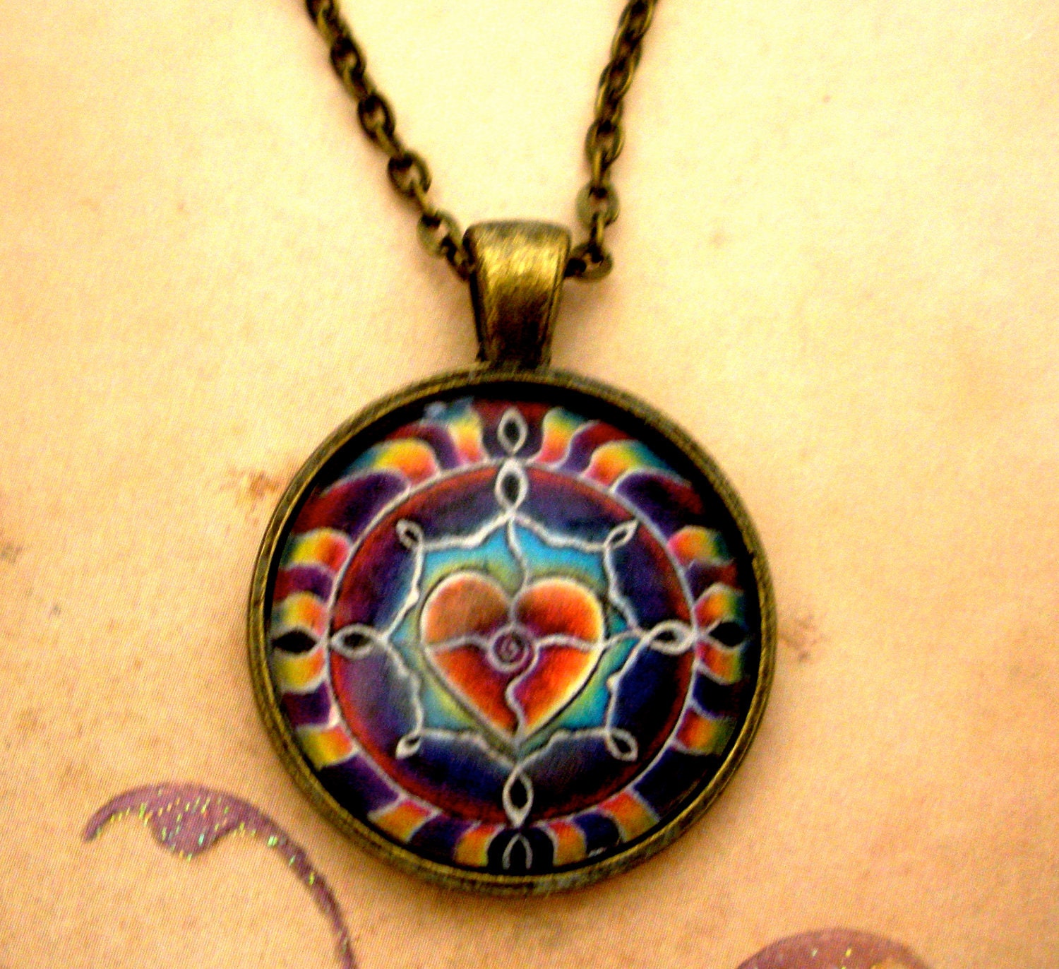 Mandala Amulet -  Rainbow Heart Mandala Pendant - glass  necklace, heart drawing, charm, valentine, valentine necklace