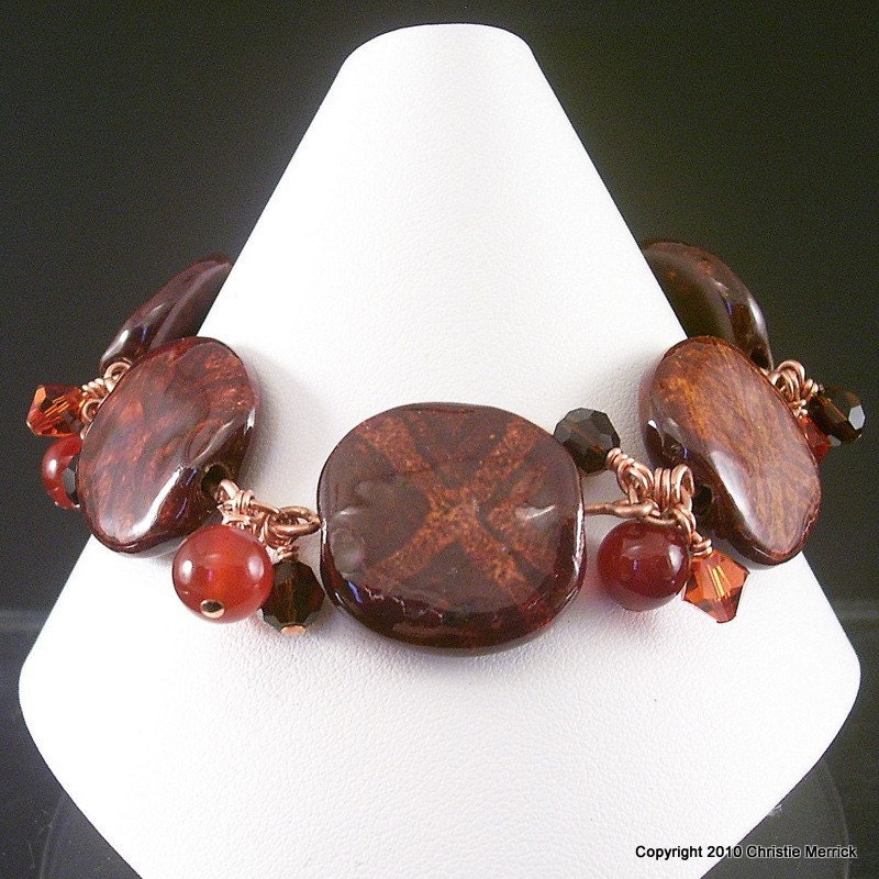 Kazuri Bead Bracelet Red Brown Copper Carnelian Swarovski Crystal