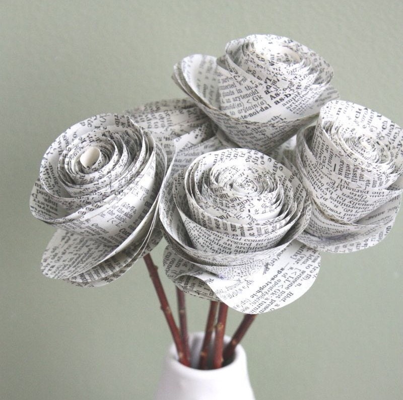 rolled paper roses. repurposed dictionary.  large. set of 5