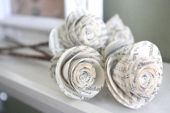 paper roses. repurposed book. small. set of 5