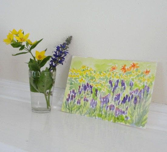 Yellow Purple Flowers Garden Botanical Original Small Watercolor Landscape Painting