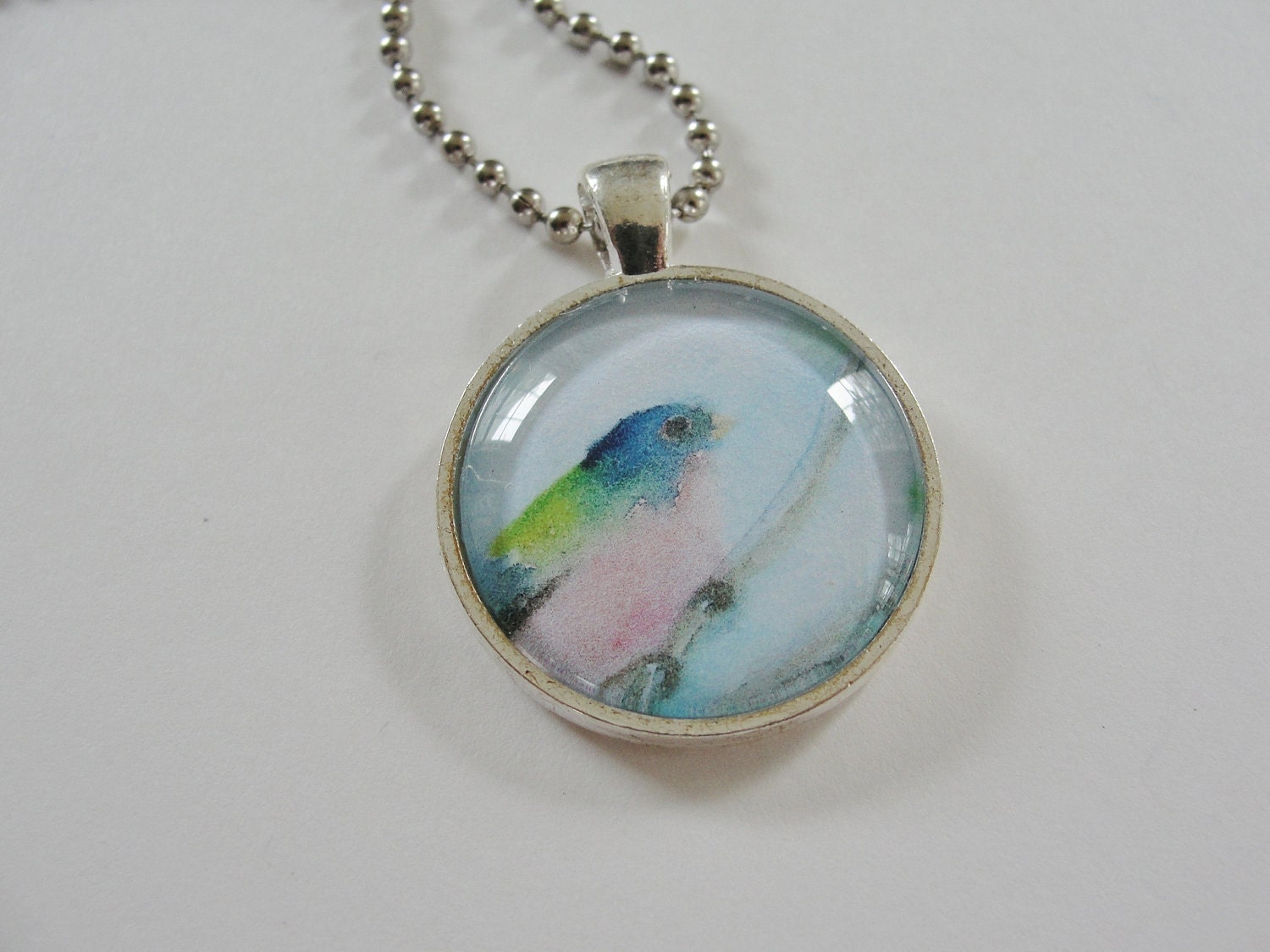 Blue Pink Bird Art, Glass Silver Pendant Necklace, Painted Bunting Pendant Necklace, Silver Chain, Bird Jewelry