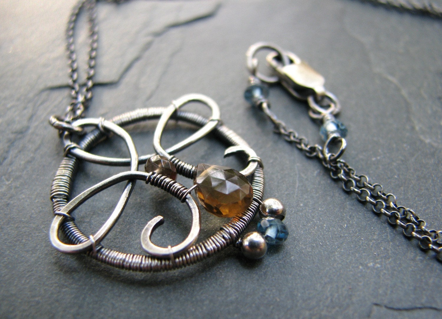Wrapped Charm Necklace, Surreal Necklace, Cognac Quartz, London Blue Topaz, Pink Tourmaline Oxidized Sterling Silver, by Amber Bryce