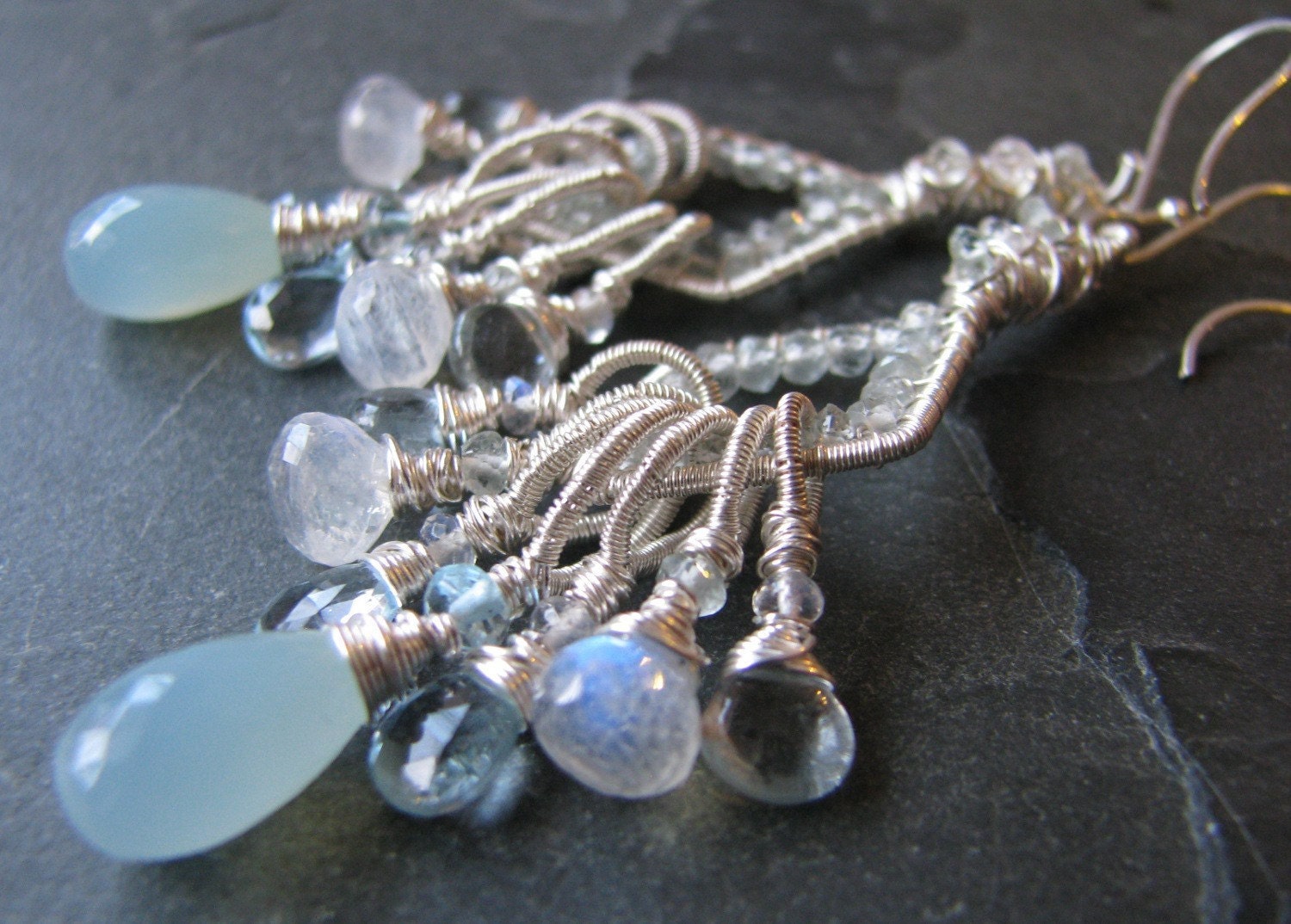 Bleus Doux Earrings, Moss Aquamarine, Moonstone, Blue Topaz, Chalcedony, Sterling Silver, by Amber Bryce