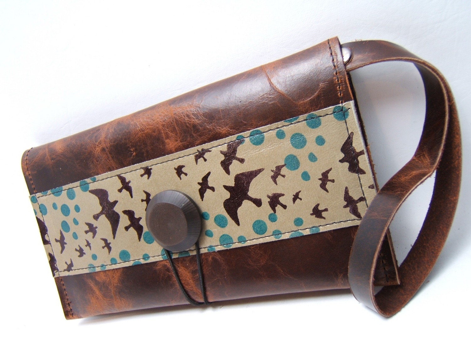 Soaring Birds LEATHER Wrist Wallet Brown, Dusty Sage