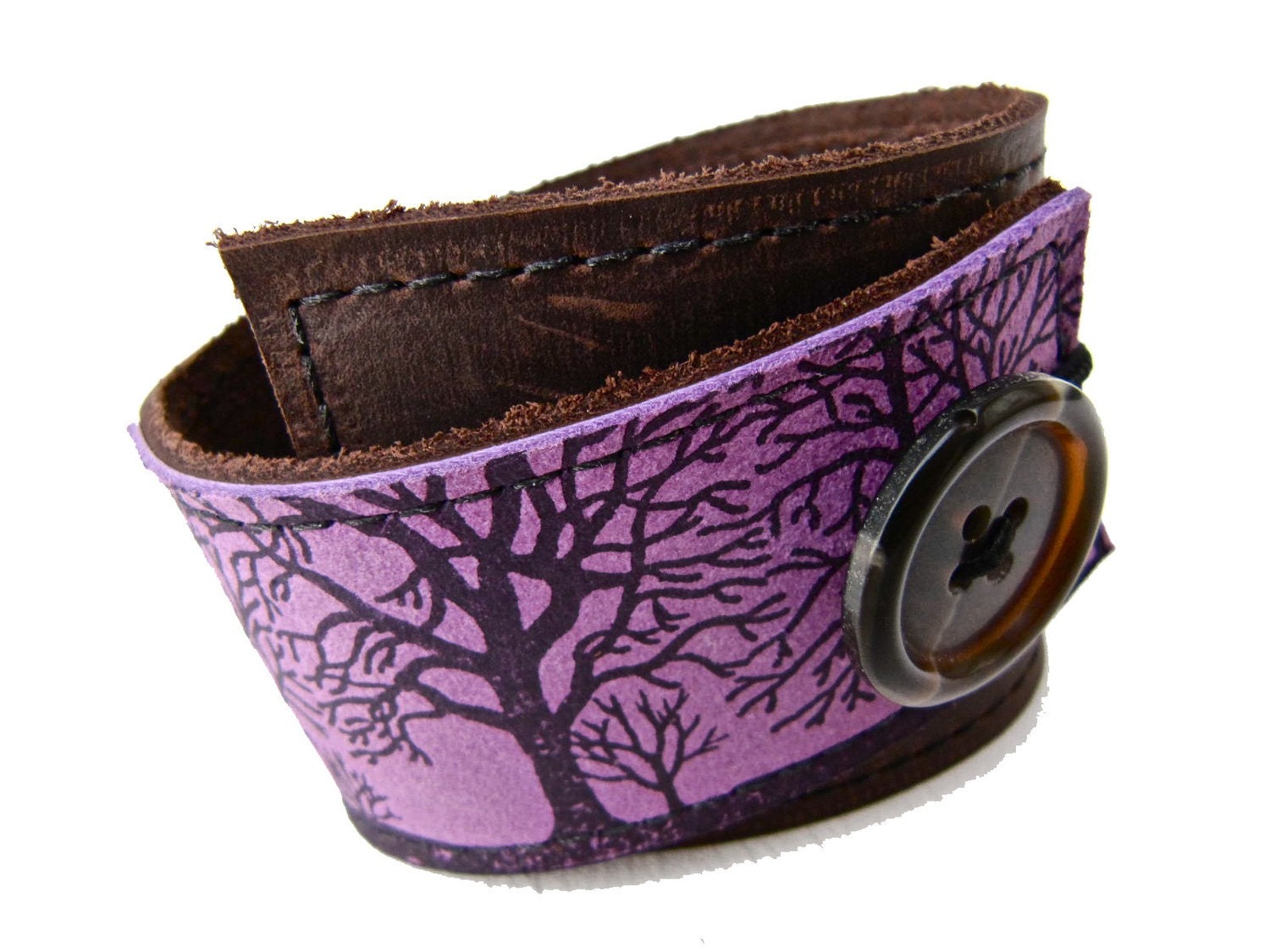 Leather Cuff Bracelet Wrap, Tree Silhouette Print in Brown & Purple, Adjustable Size - SALE - see Shop for Coupon Codes...