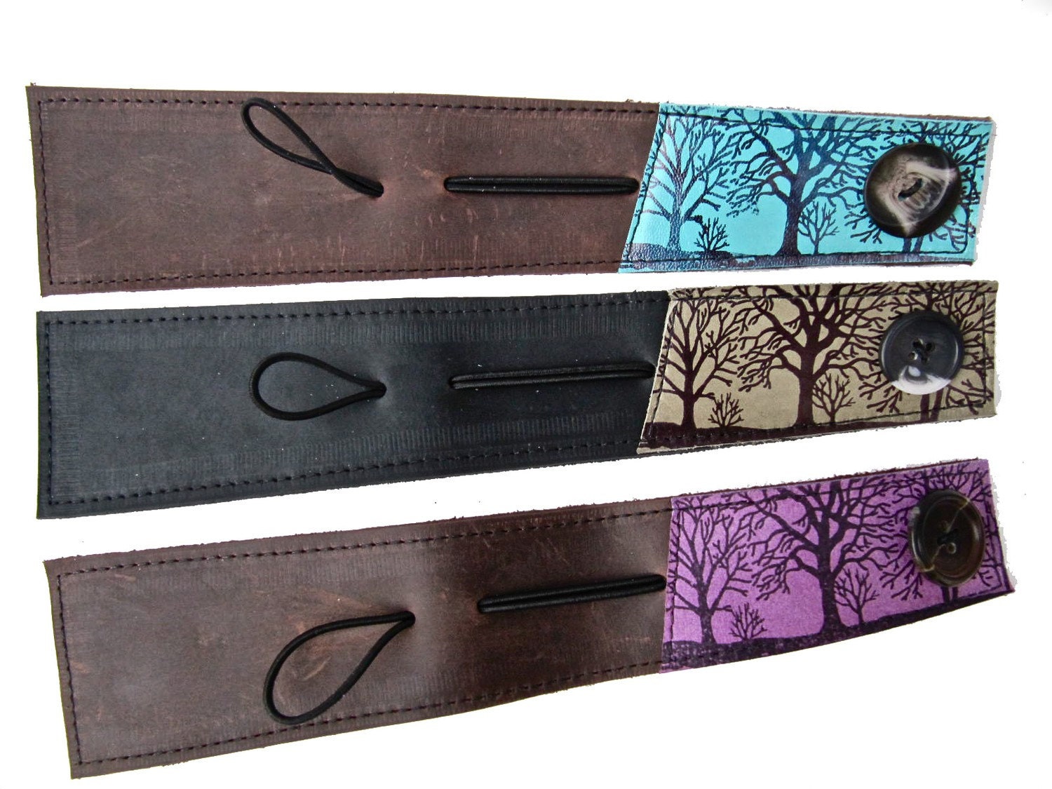 Leather Cuff Bracelet Wrap, Tree Silhouette Print in Brown & Purple, Adjustable Size - SALE - see Shop for Coupon Codes...