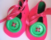 Big Button Fuschia Pink and Green Baby Booties/Shoes