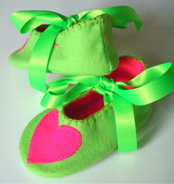 Lime Green and Pink Heart Felt Baby Booties/Shoes