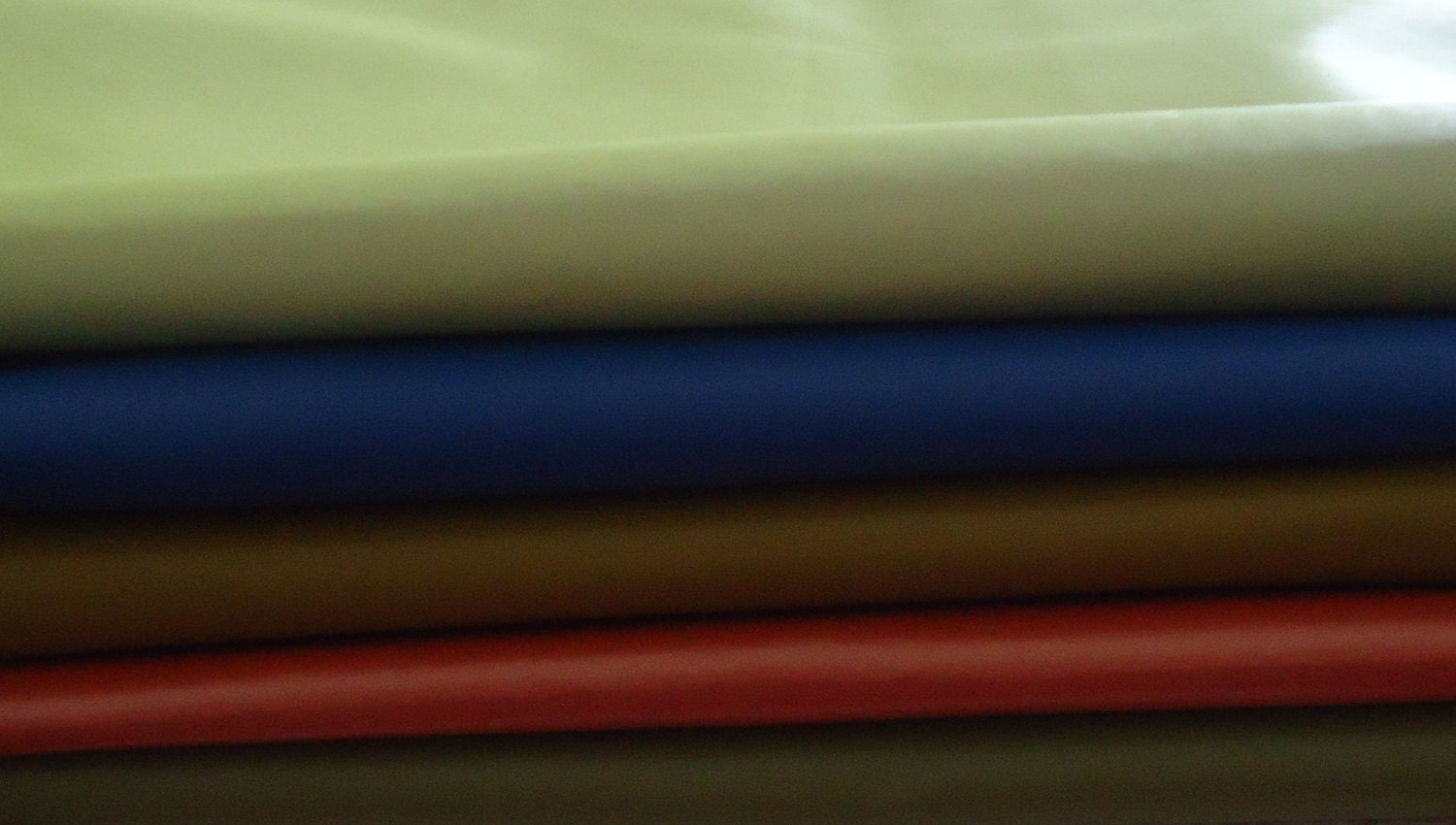 Fabric bundle - 5 pleather vinyl faux leather pieces - pearlized lime green, olympian blue, golden mustard, pearlized umber, light green