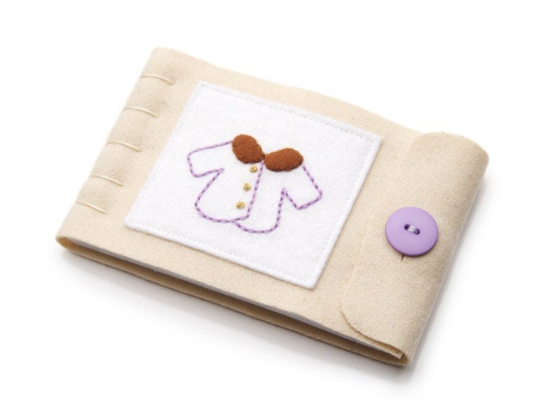 Wool Felt Needle Book, Hand Embroidered Coat, Natural Wool, Purple and Tan, Large Size, Sewing Accessory