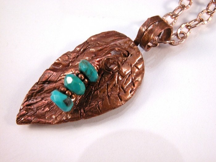 Sculpted Copper Leaf  and turquoise necklace