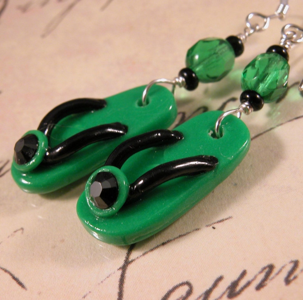 Green, Black Flip Flops and Sterling Silver Earrings