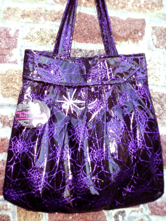 Large Handmade SPIDERWEB BAG -- in fetish black patent pvc and purple lace w pretty clear spider brooch pin w swarovski crystal