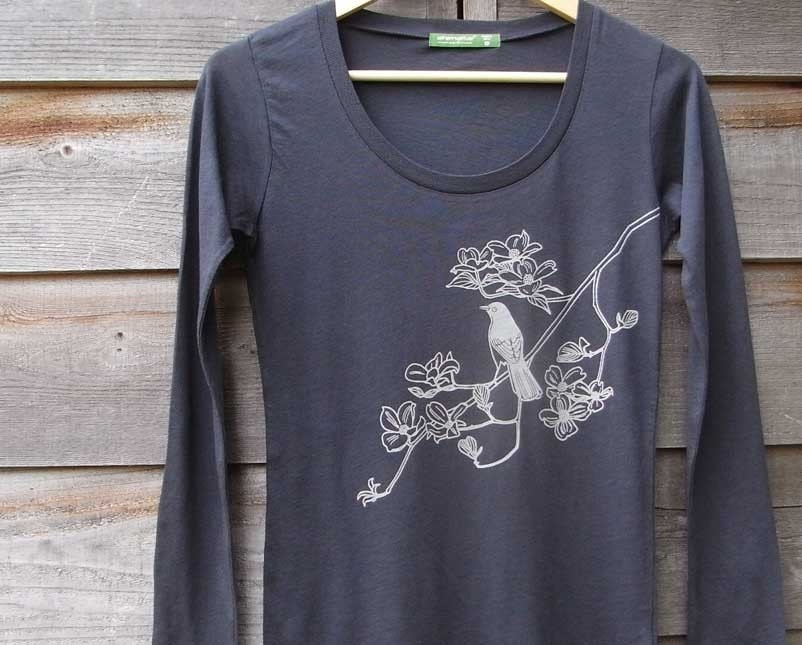 Womens T shirt - Gray Bird on Tree - Organic Cotton - Long Sleeve - Size S