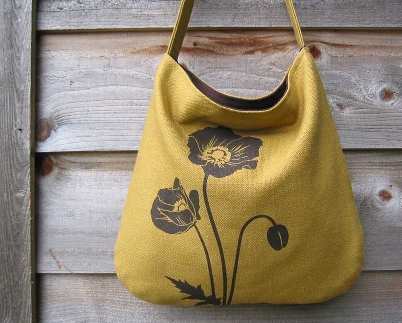 Hemp Bag with Poppies Organic Cotton Linging - Deep Gold Mustard