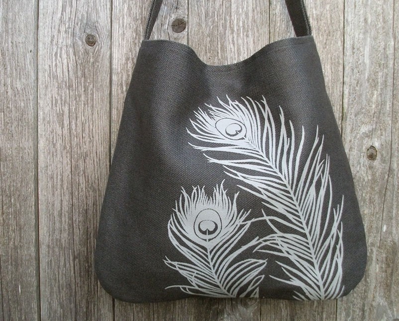 Hemp Bag with Peacock Feathers Organic Cotton Lining - Charcoal Grey