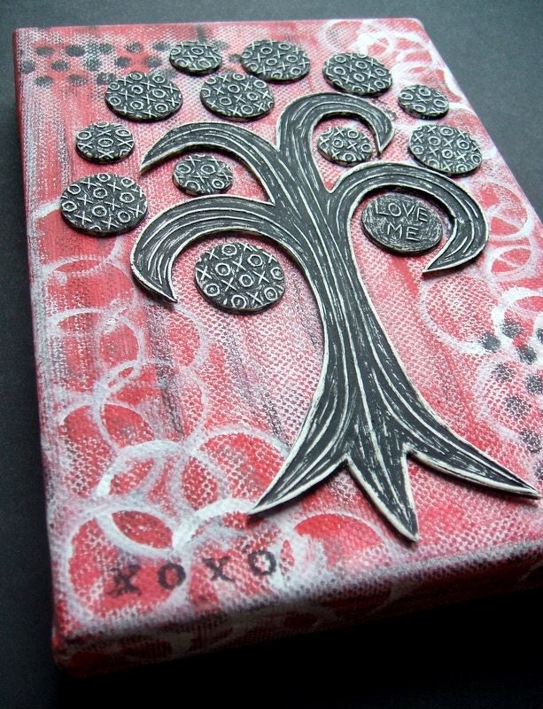 Black, White and Red XOXO Tree Mixed Media Canvas 5X7 Wall Art Home Decor - Love to Give - Hugs and Kisses