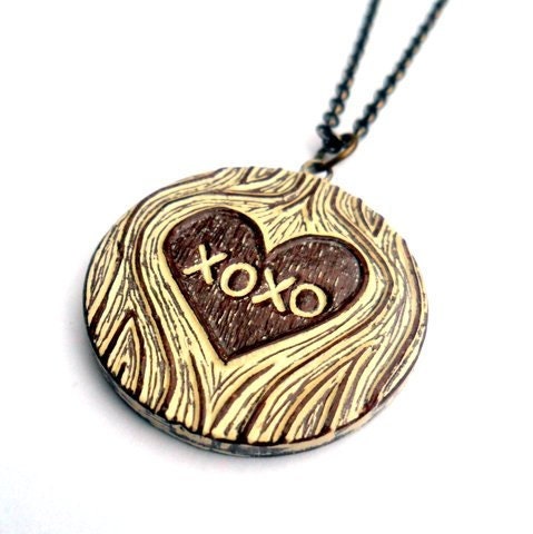 XOXO Hugs and Kisses Faux Bois Woodgrain Heart Necklace  - Tree Hugs and Kisses Me - blockpartypress