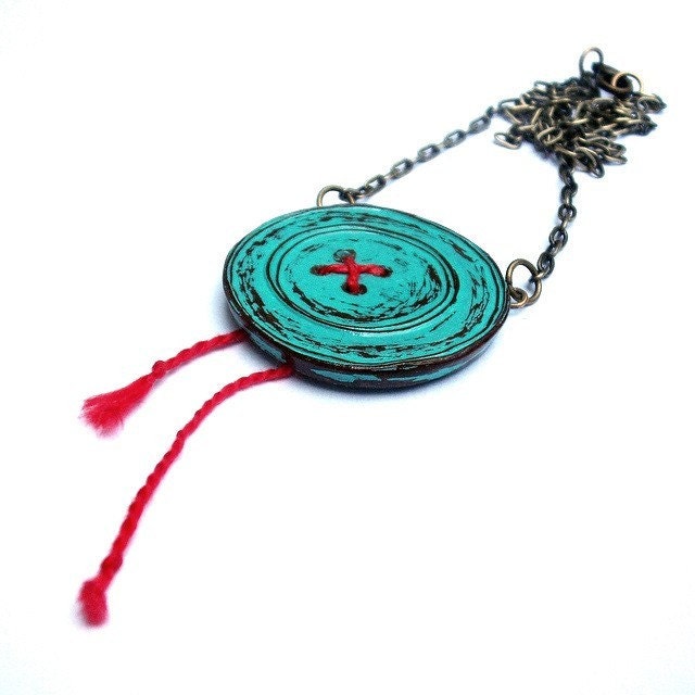 Turquoise Button Necklace with Red Thread - Button Button Who's Got the Button